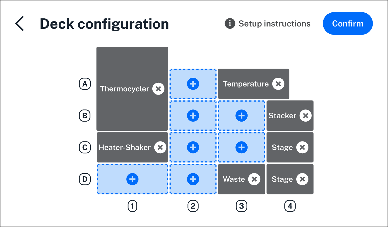 Deck configuration screen showing the deck map with various modules attached.