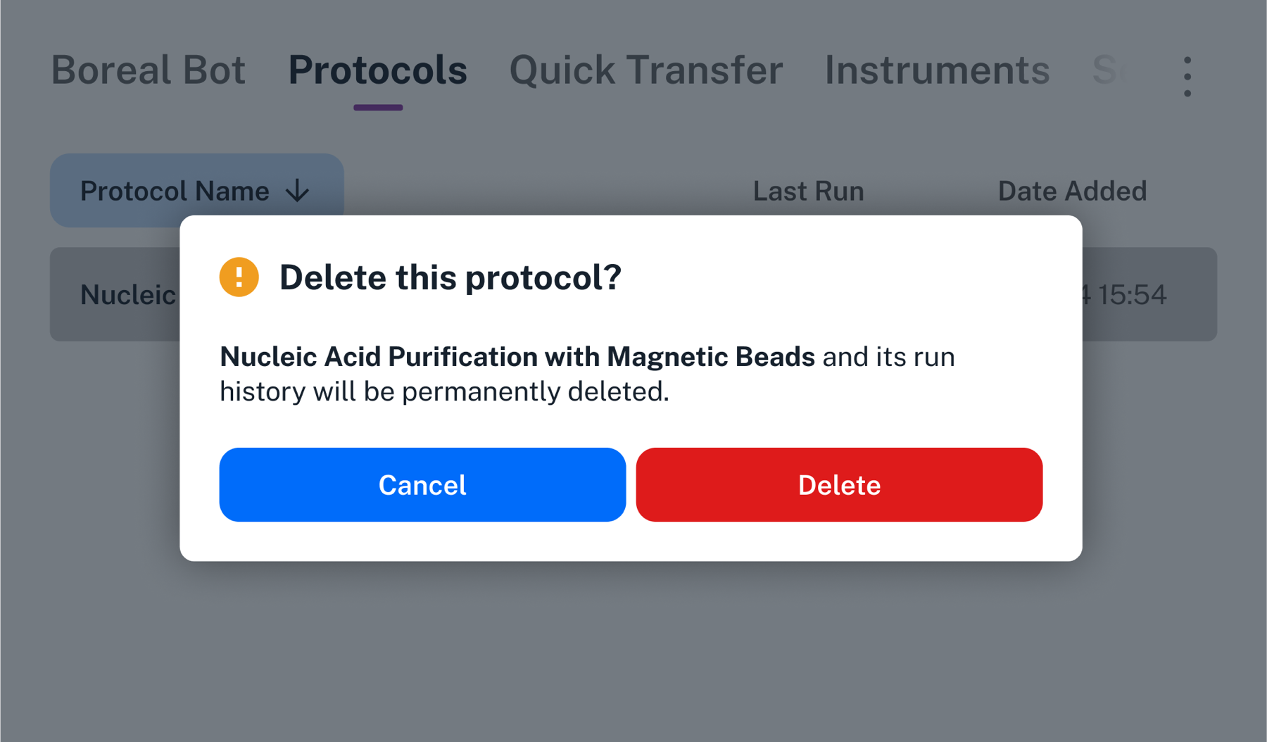 Modal confirming whether to delete a protocol.
