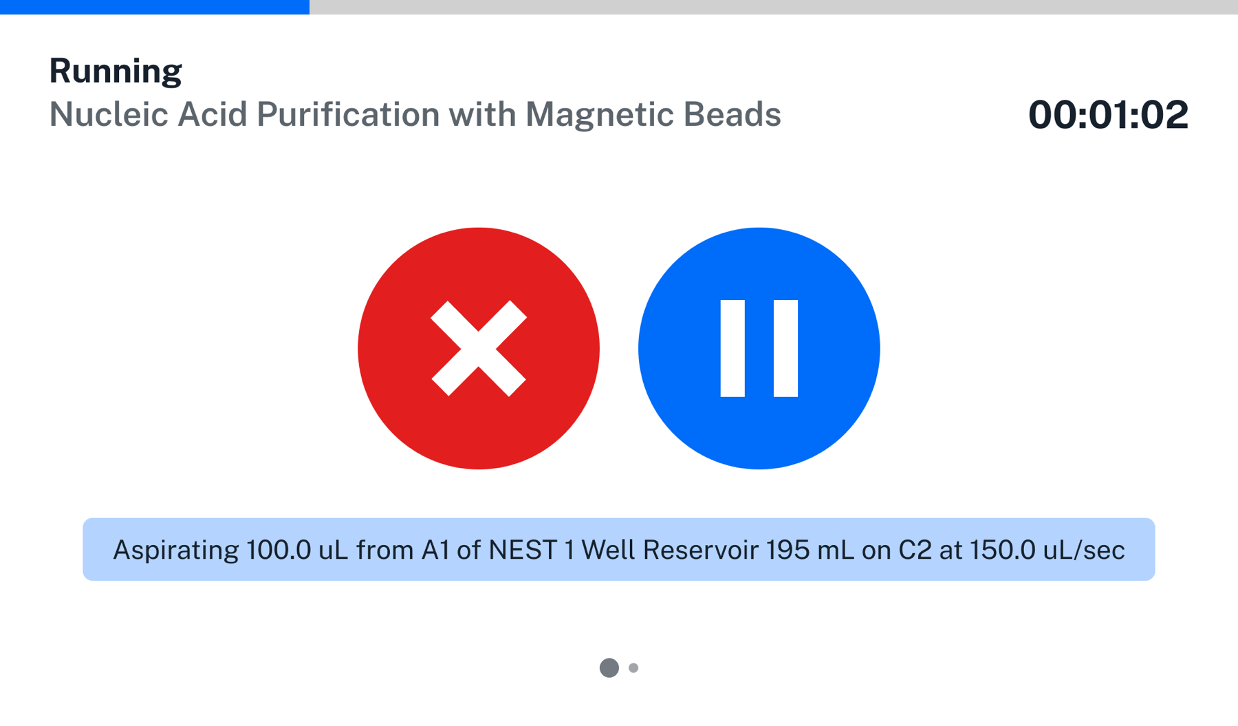 Running screen with large stop and pause buttons, and a description of a single aspirate step.