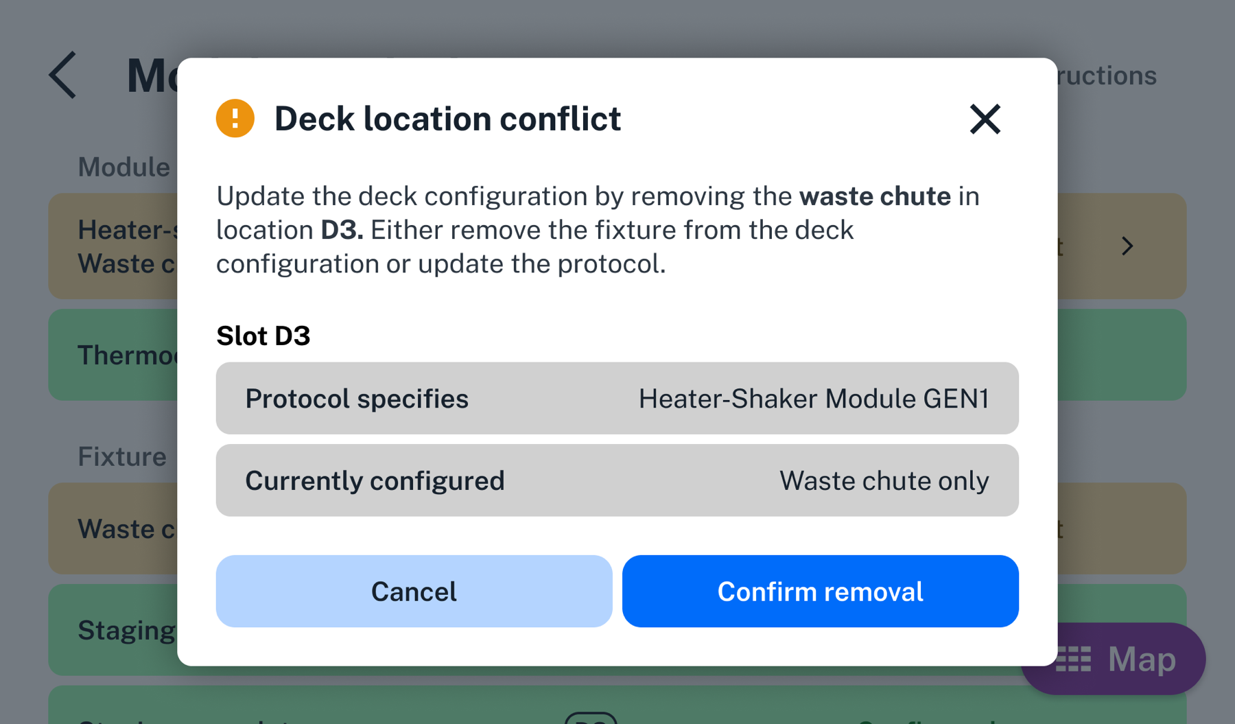 Deck location conflict modal.