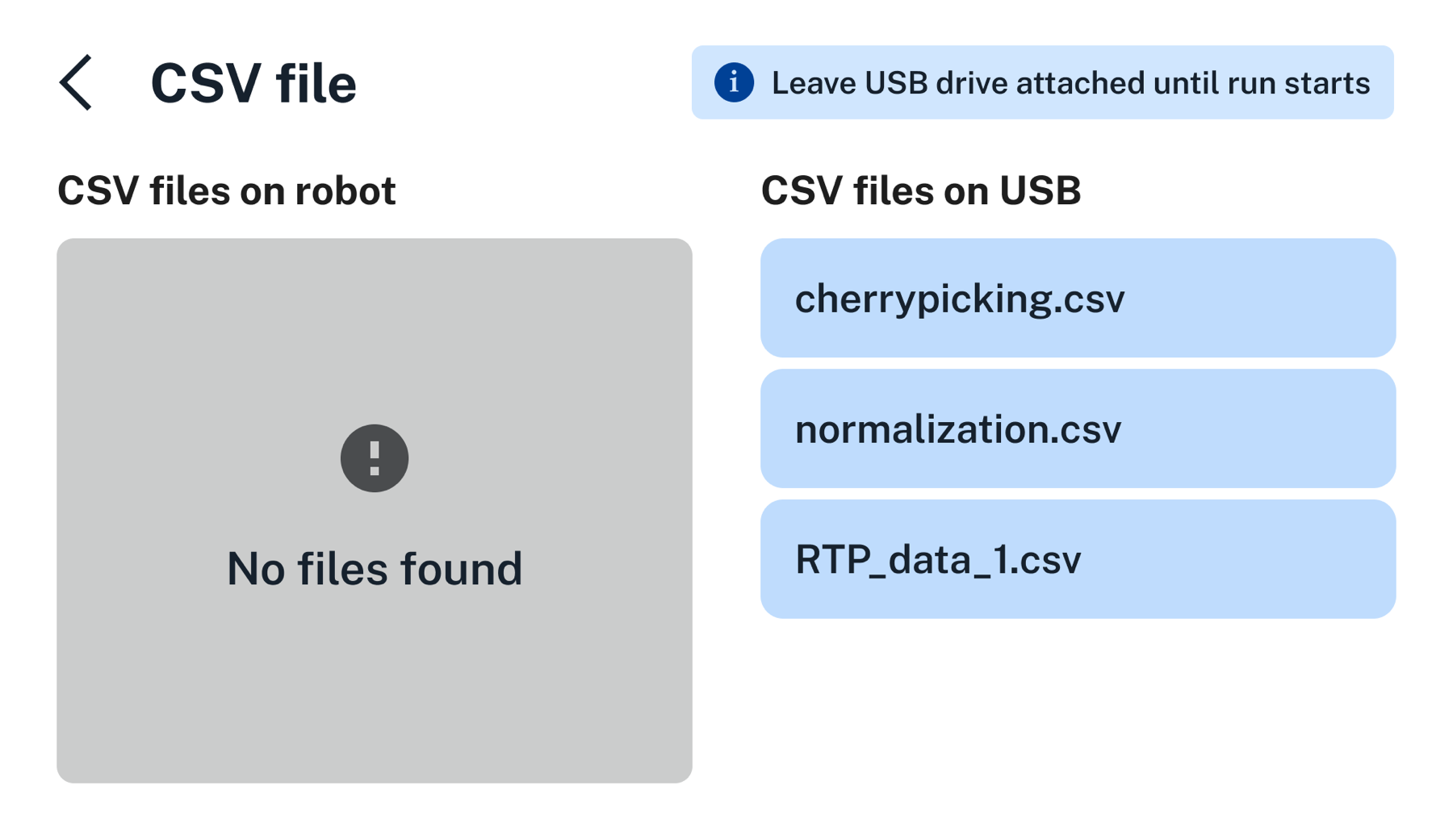 CSV file picker, showing no files on the robot and three files on an attached USB drive.