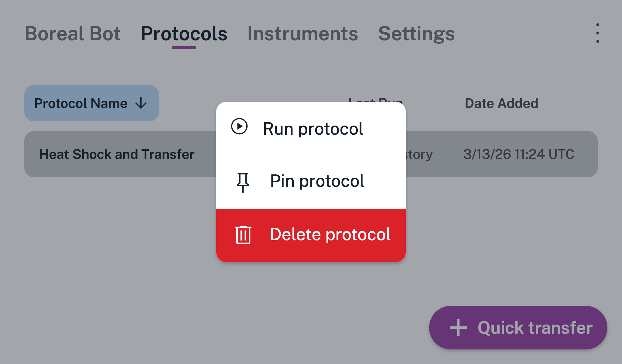 Quick transfer menu Menu with options to run, pin, or delete a quick transfer.