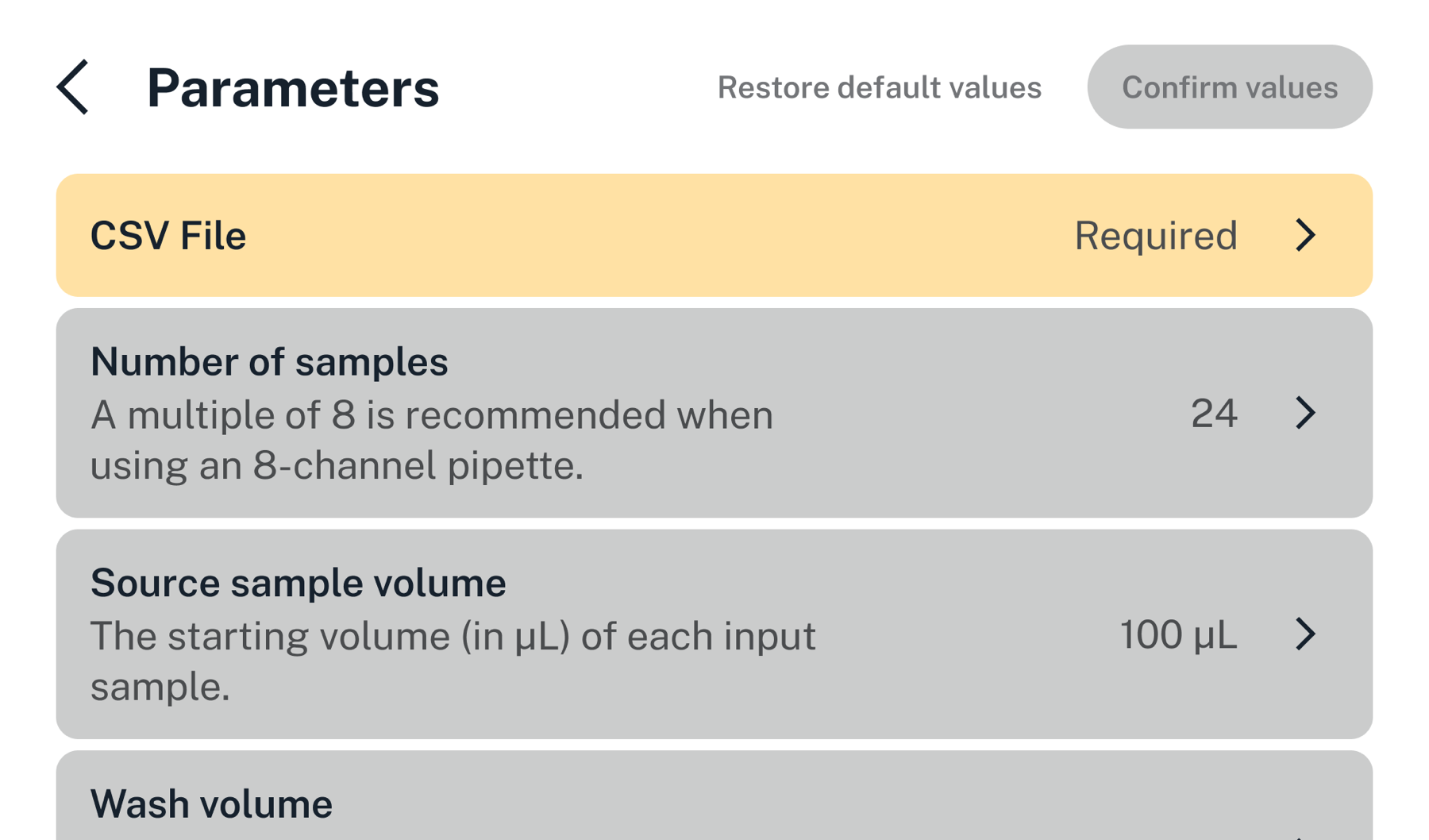 Runtime parameters Parameter modification screen. This example includes a CSV file and numeric parameters.