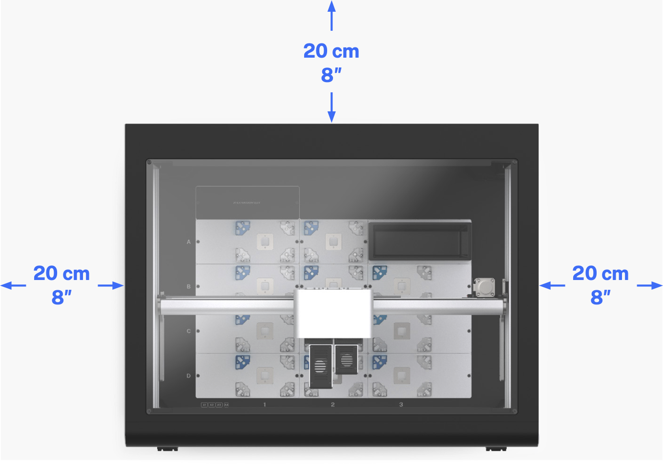 Top view of Opentrons Flex, showing minimum side and back clearance.