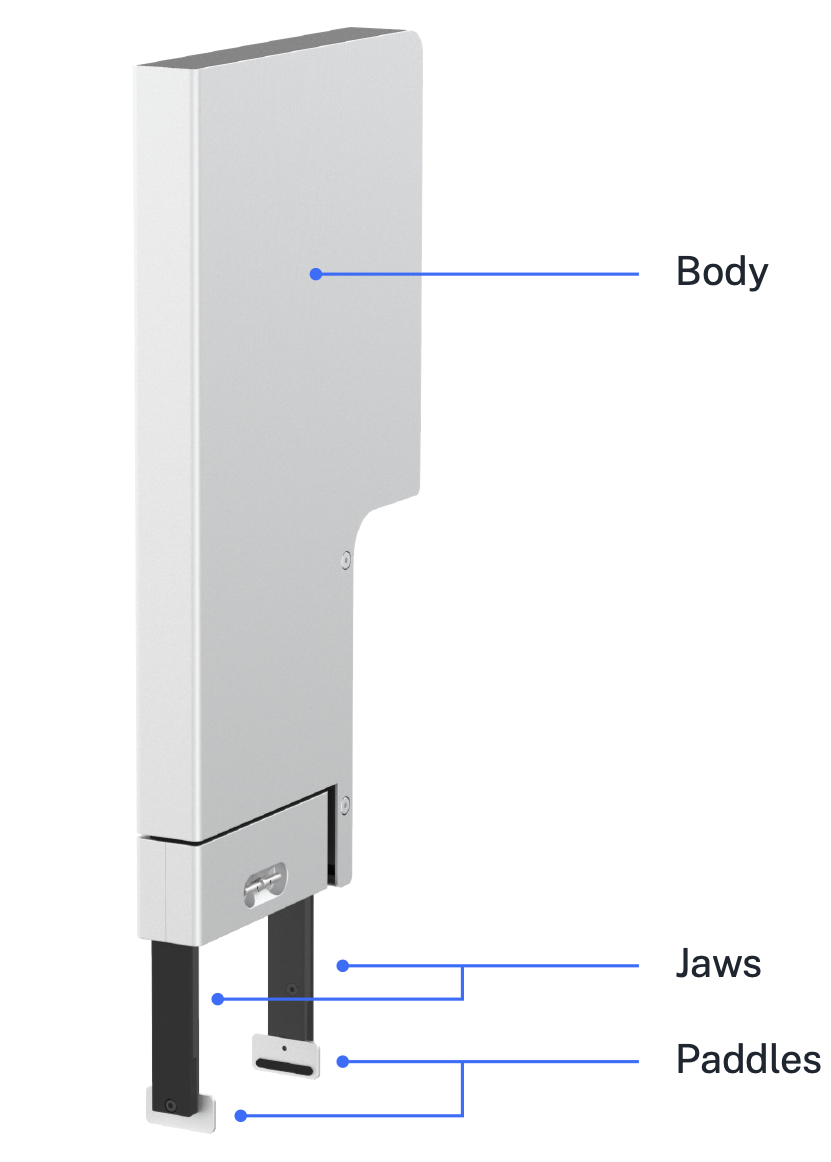 Cleanable gripper components, including the body, jaws, and paddles.