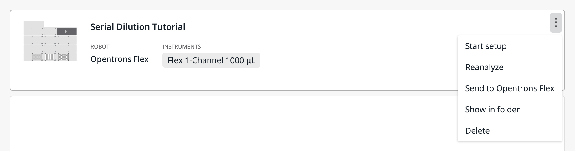 Expanded three-dot menu for a protocol, showing these options: Start setup, Reanalyze, Send to Opentrons Flex, Show in folder, and Delete