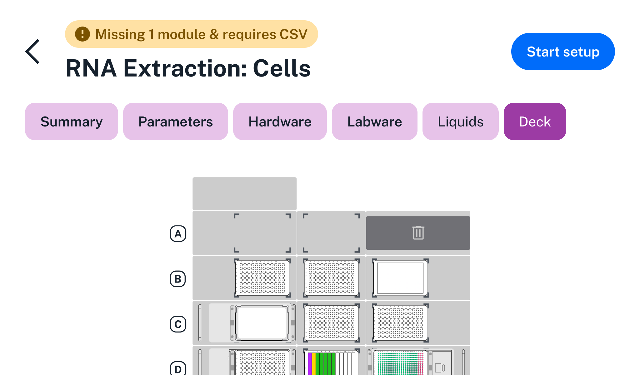 Deck map for an RNA extraction protocol, showing locations of labware on the Flex deck.