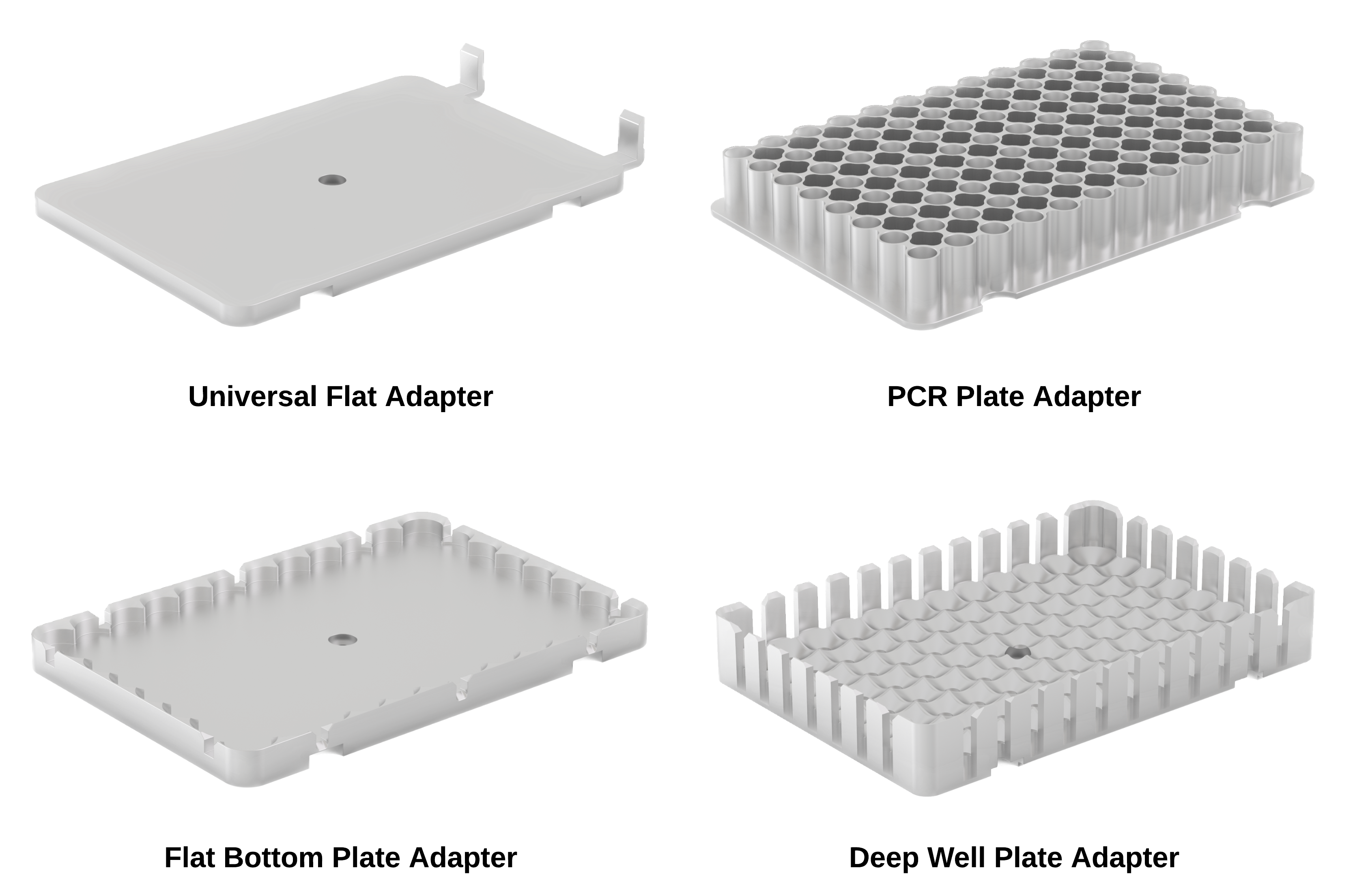 Universal adapter, PCR adapter, flat bottom adapater, deep well adapter images