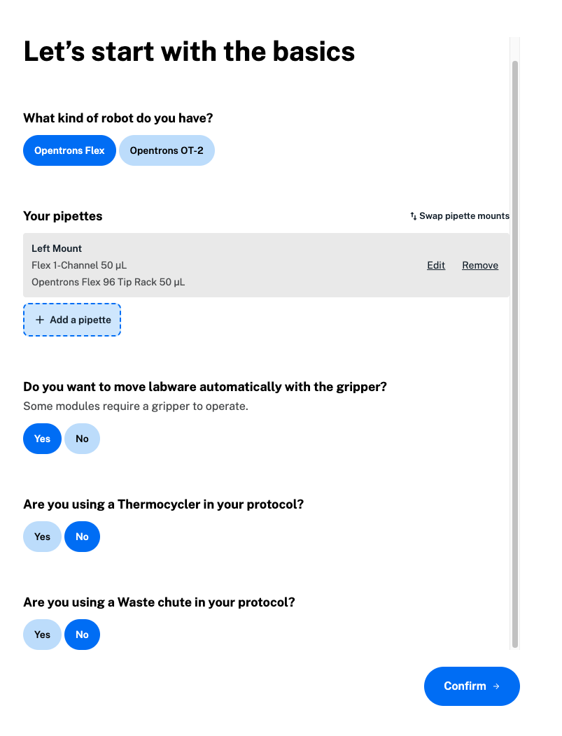 Choose to add a Thermocycler Module or waste chute