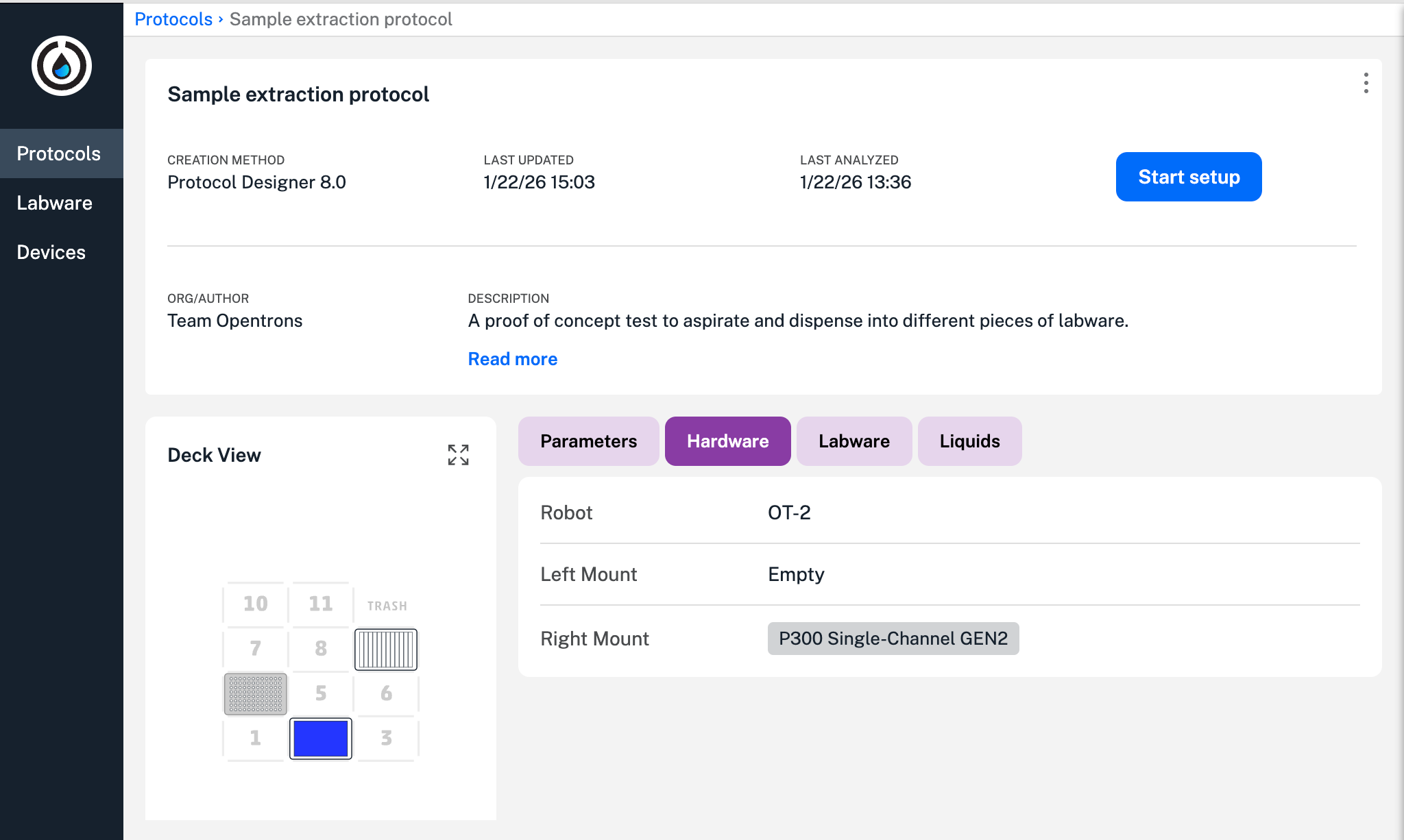 Protocol details screen