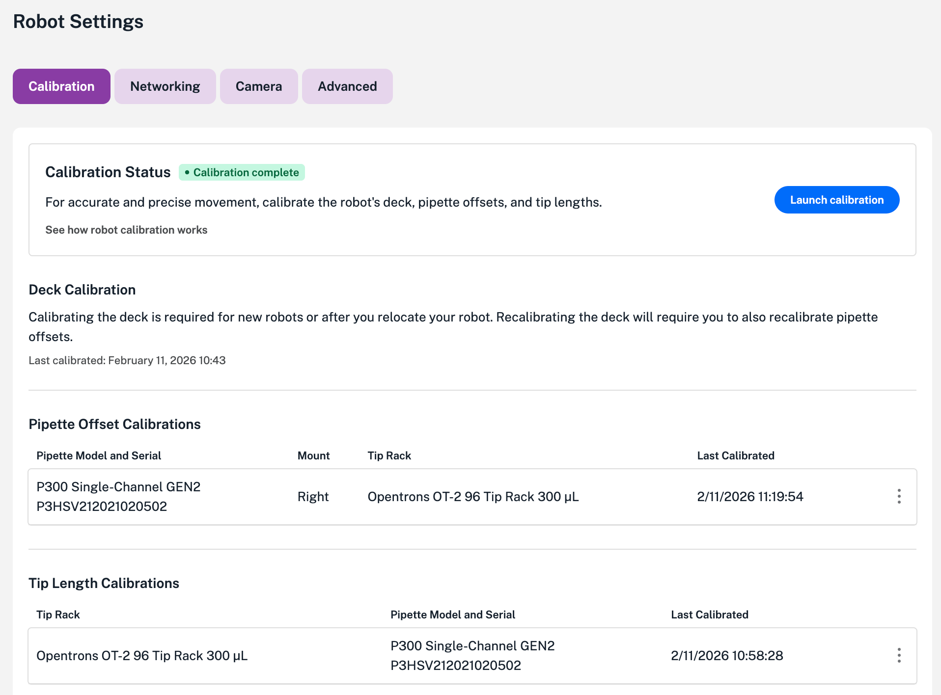 Robot Settings showing updated date/time stamps for a calibrated robot