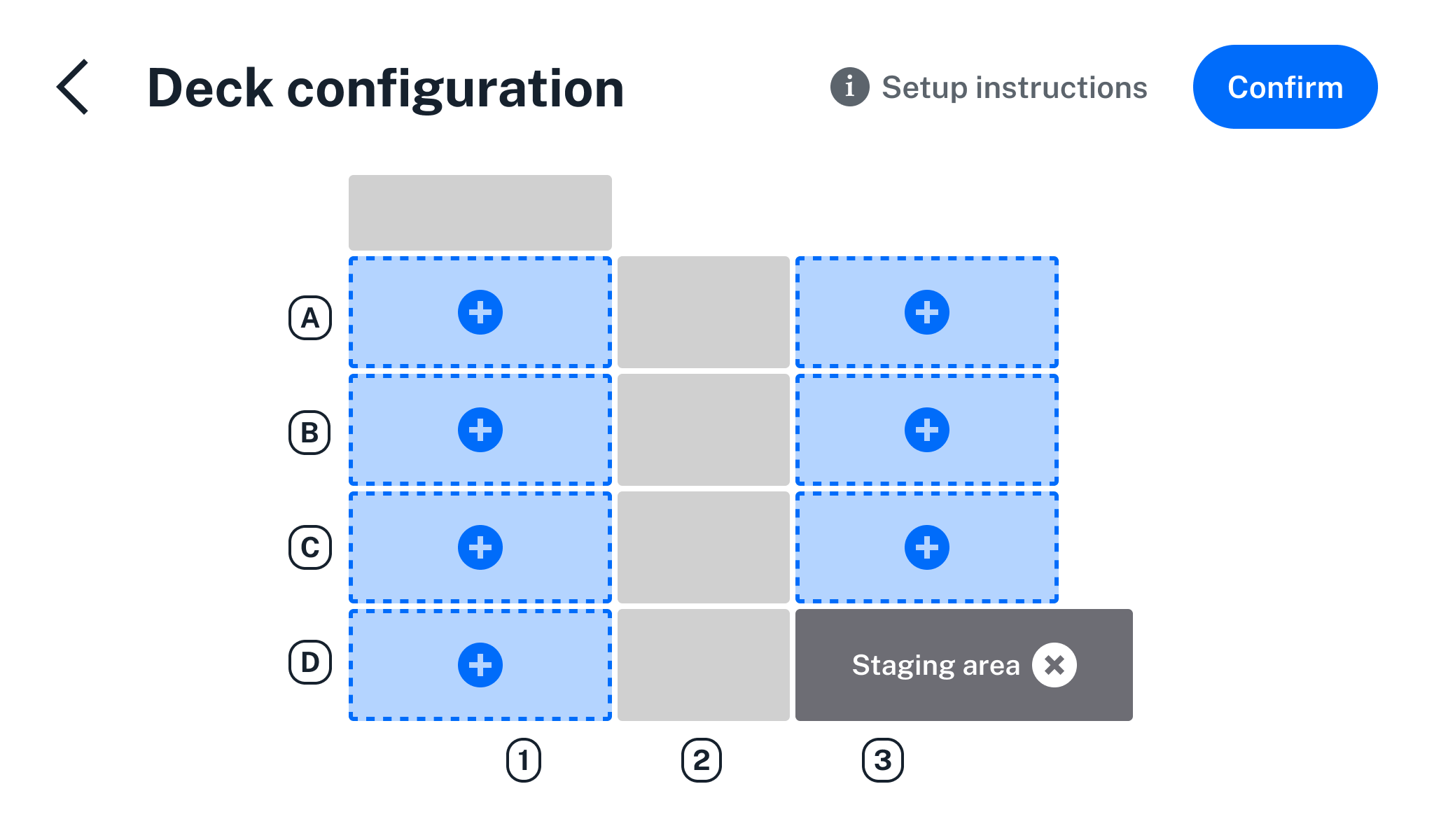Deck configuration screen showing the deck map. Slots A1 through D1 and A3 through C3 are blue and have plus icons. Slot C3 is dark grey and is labeled "Staging area".