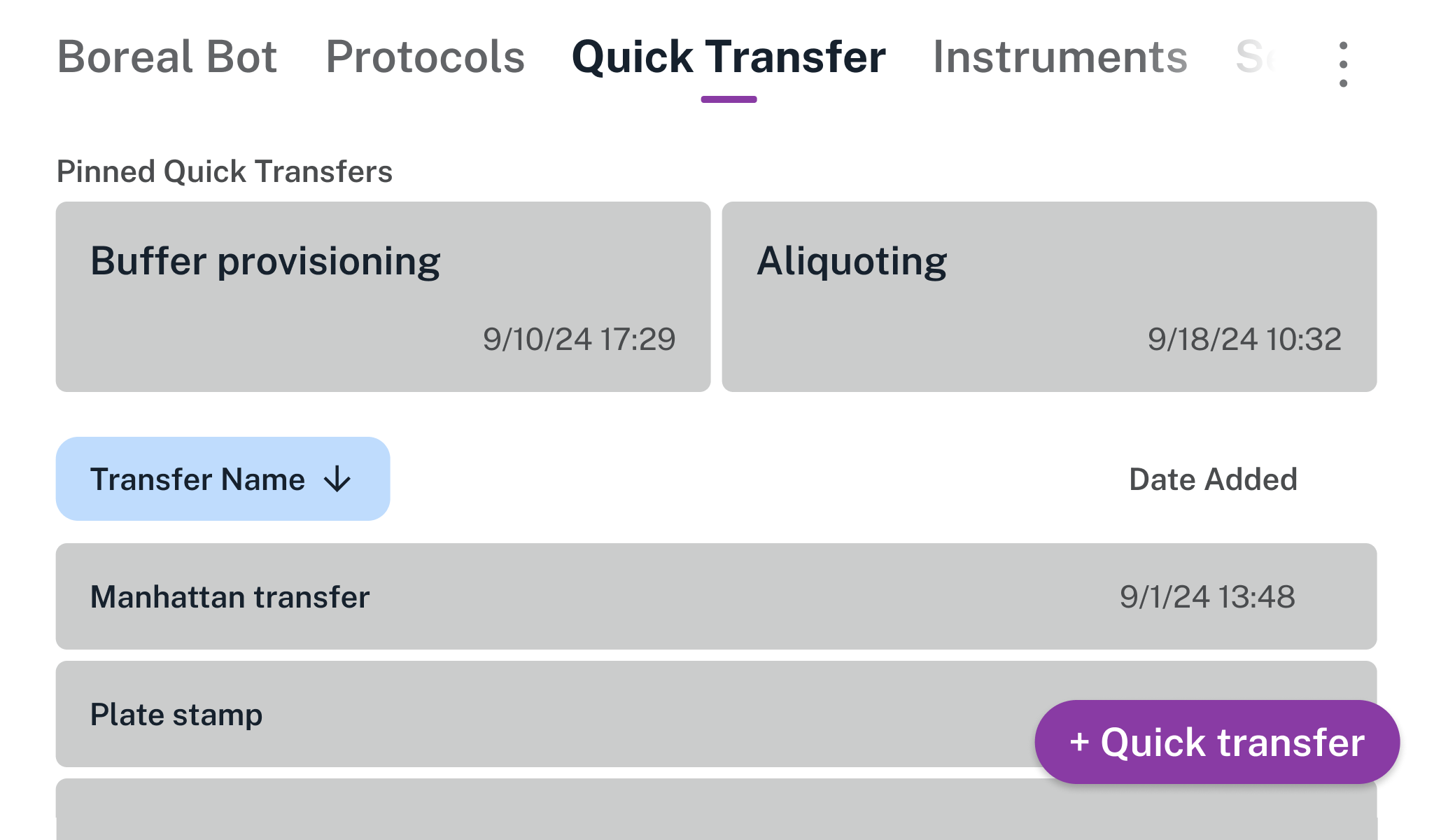 Quick transfer screen with two pinned quick transfers at the top and a longer list of quick transfers at the bottom.