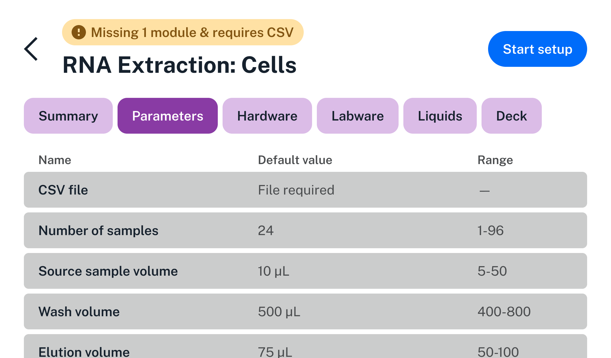 List of parameters for an RNA extraction protocol, such as number of samples, source sample volume, wash volume, and elution volume.