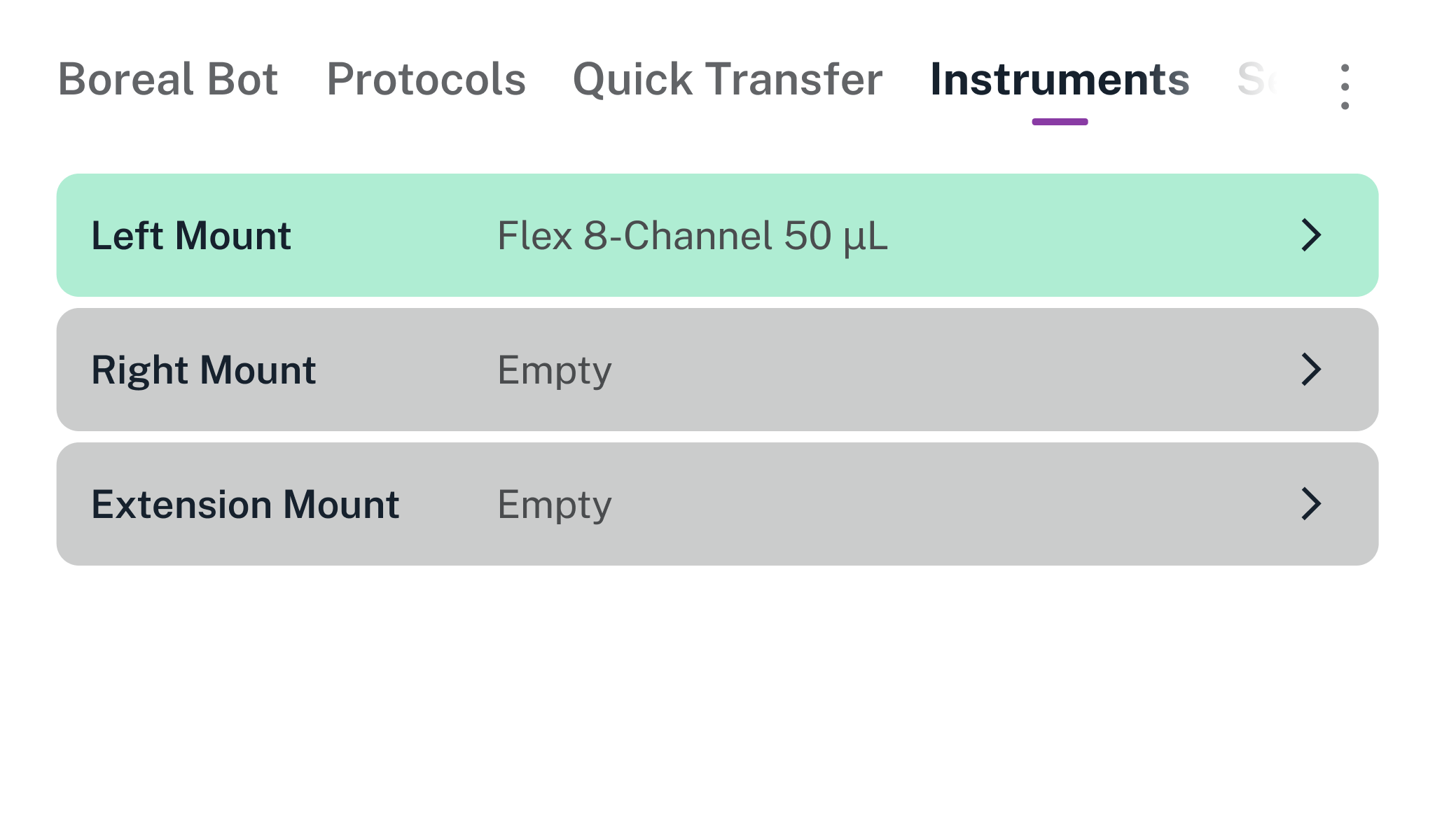 Instruments screen showing a Flex 8-Channel 50 µL pipette on the left mount. The right mount and extension mount are empty.