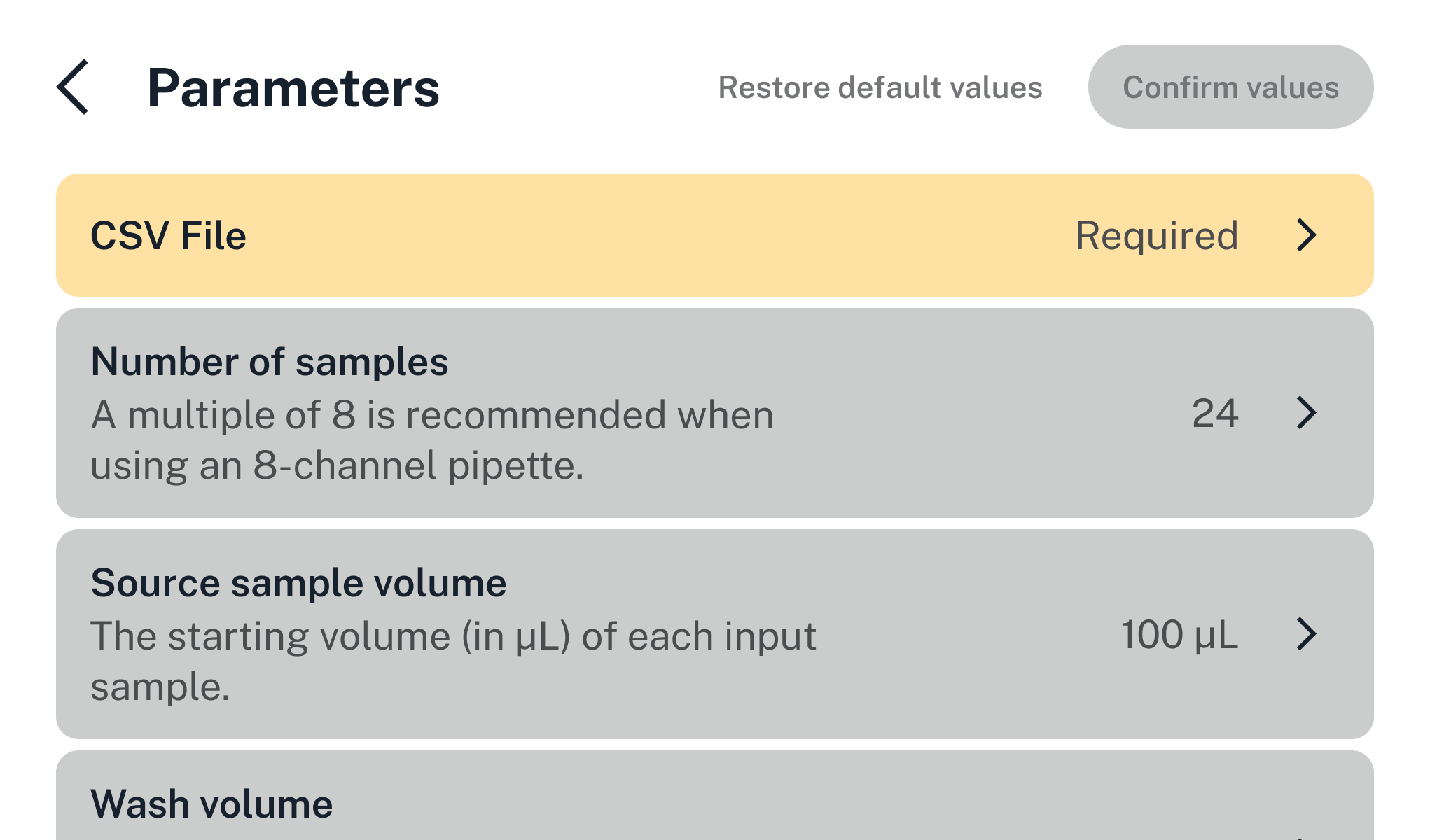 Parameter modification screen. This example includes a CSV file and numeric parameters.