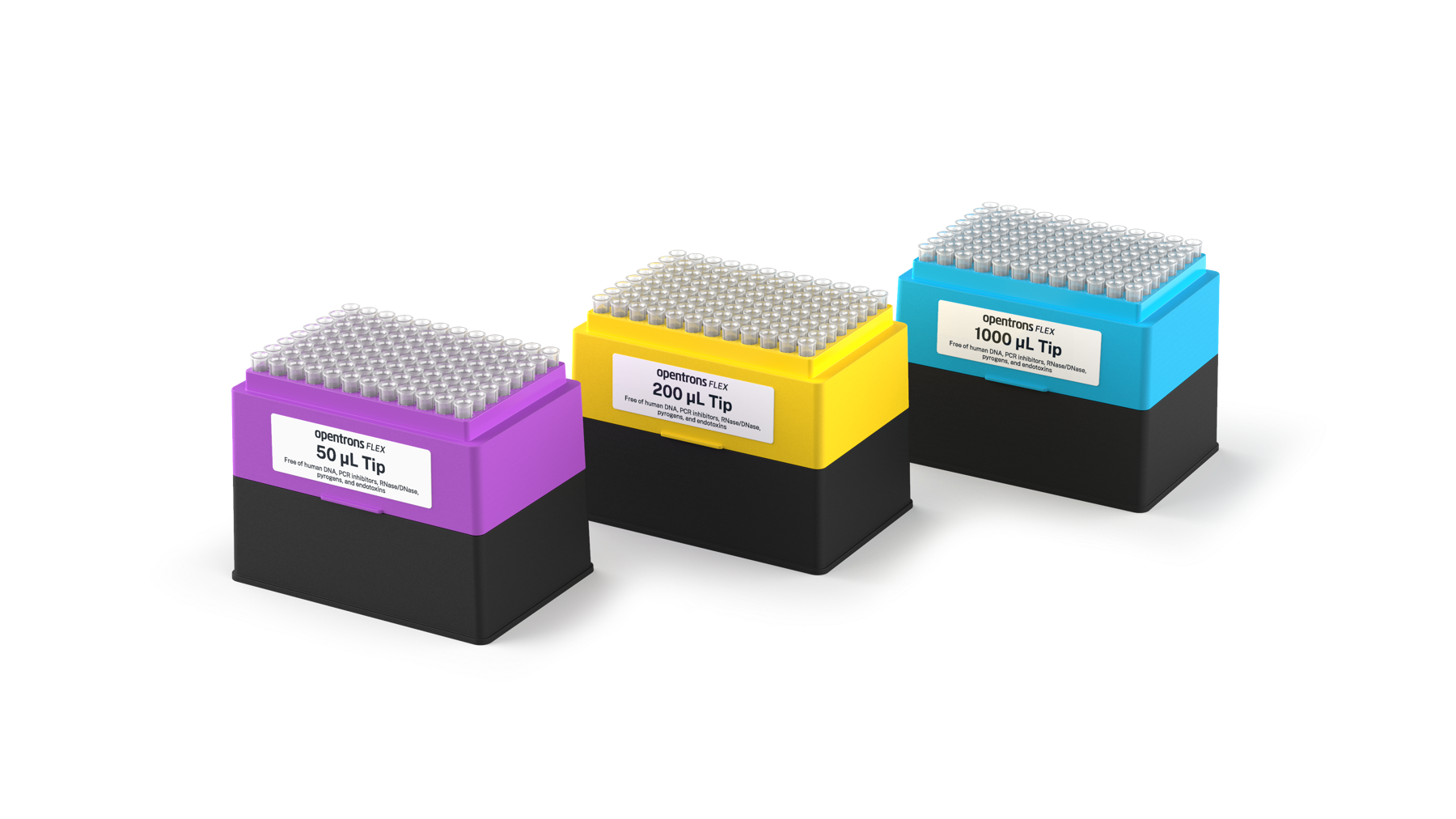 50 µL tip rack in magenta, 200 µL tip rack in yellow, and 1000 µL tip rack in blue.