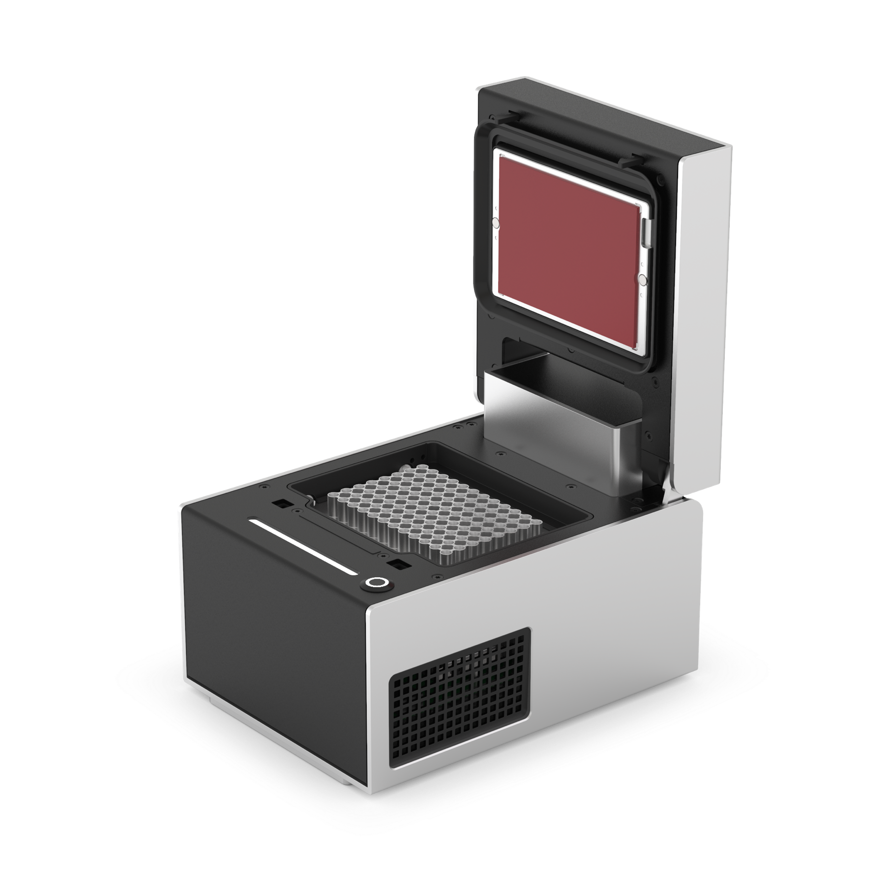 The Thermocycler as seen from the top right. The lid is open to show the thermal block inside.
