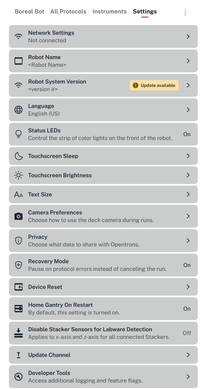 Example of settings on Flex touchscreen