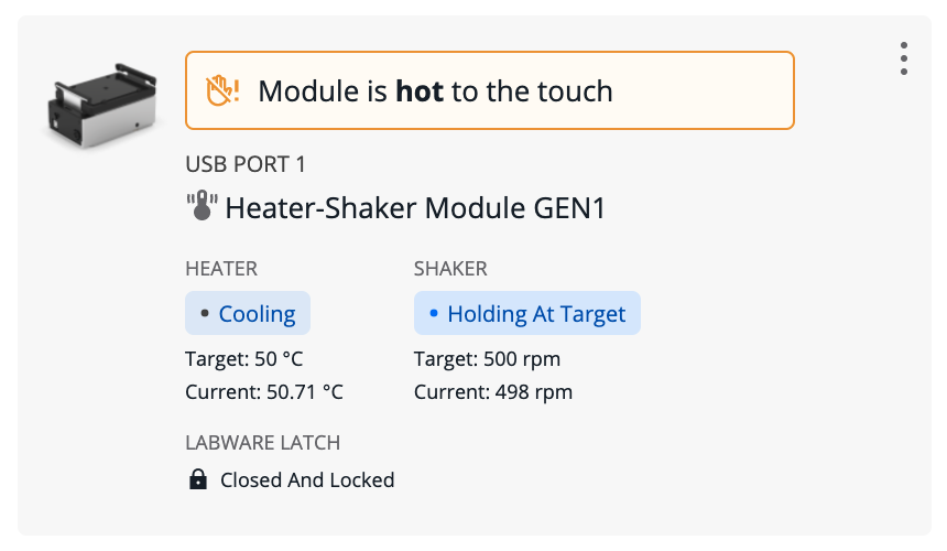 Card showing the status of a Heater-Shaker module, including a banner showing that it is currently hot.