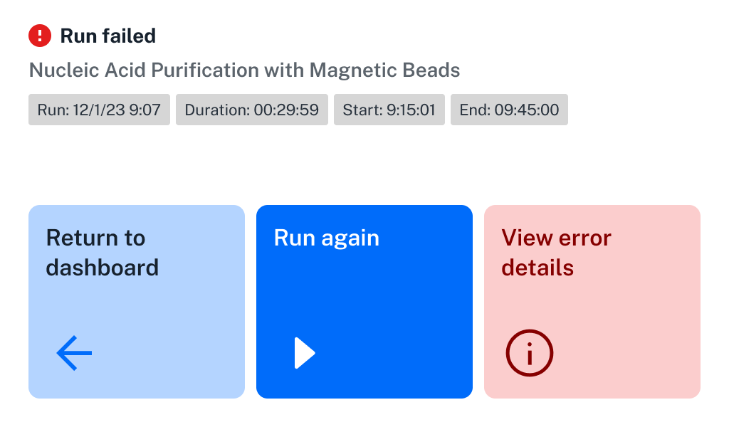 Summary of a completed run with options to return to dashboard (left) or run again (right).