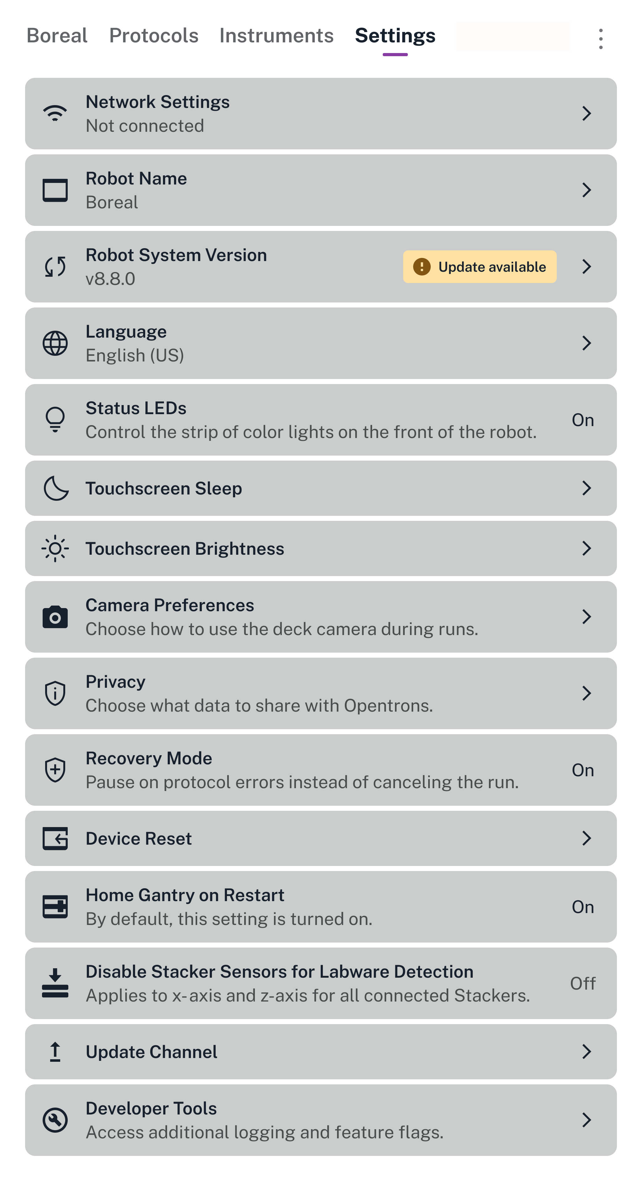 Example of settings on Flex touchscreen