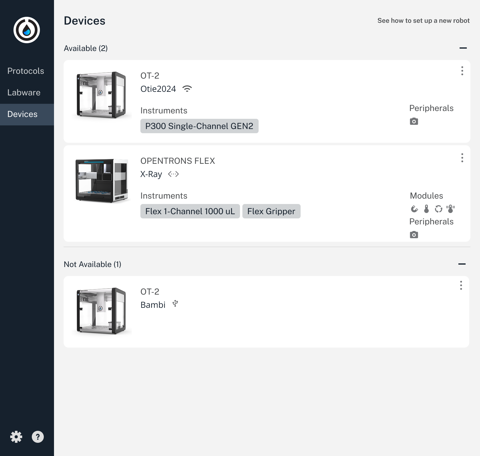 Devices tab showing list of robots