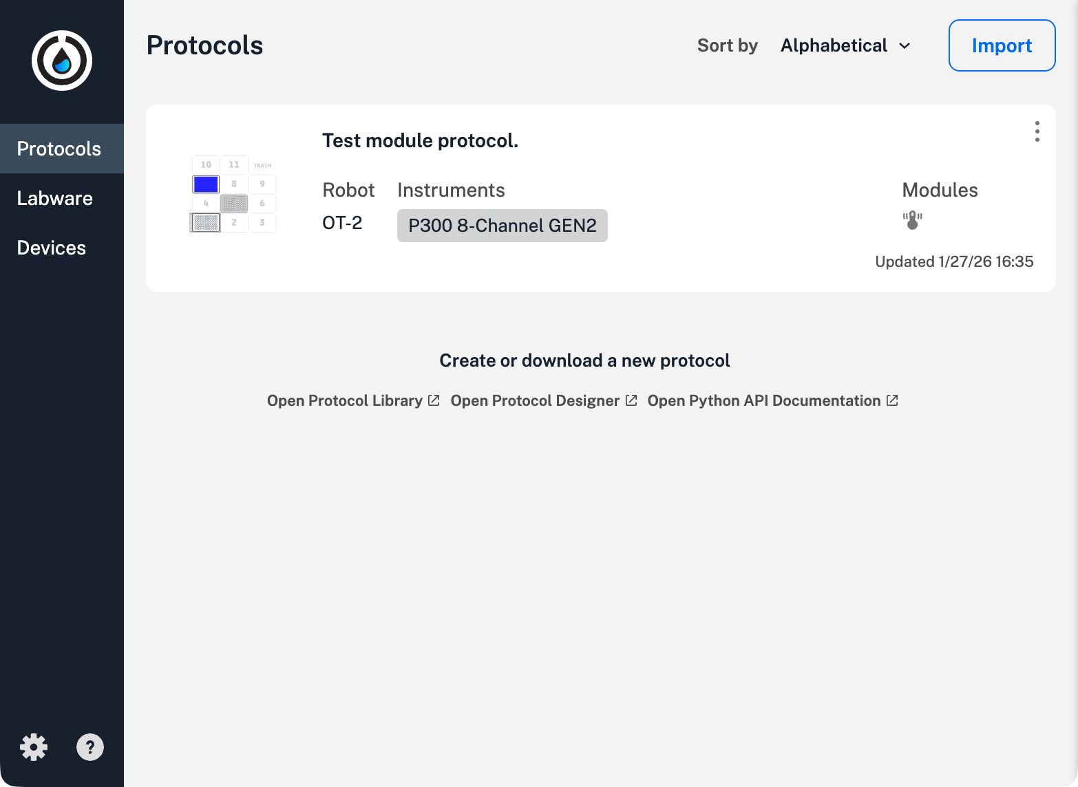 Protocol tab screen with a protocol