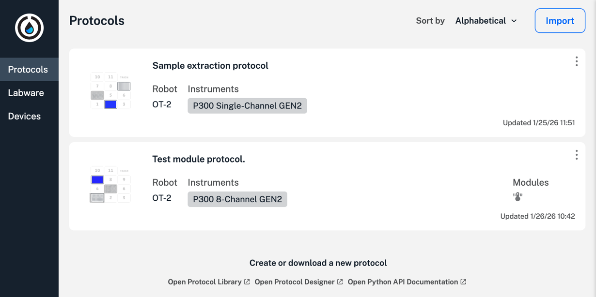 Protocols tab showing uploaded protocols