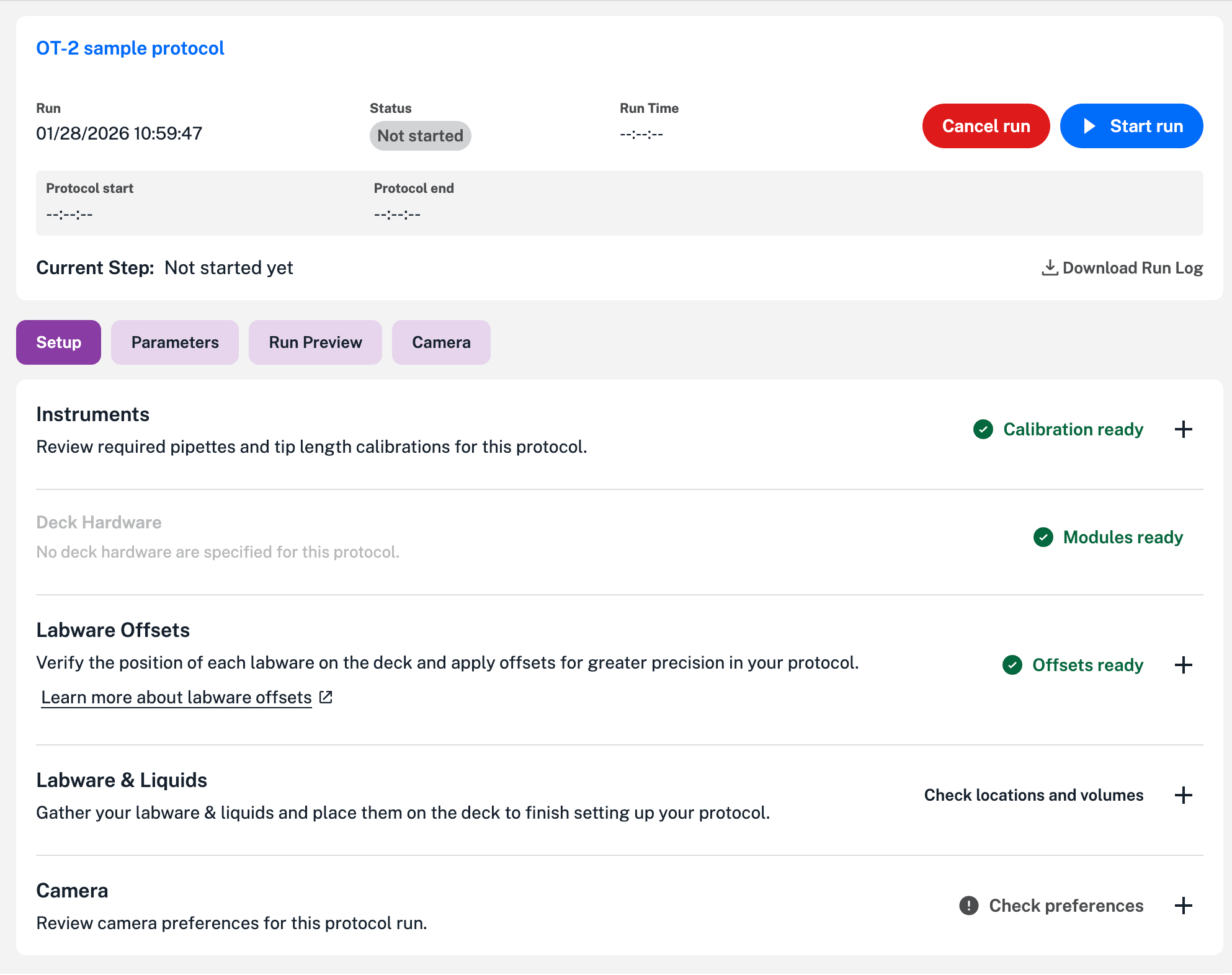 Protocol details showing instruments, offsets, labware, and camera settings