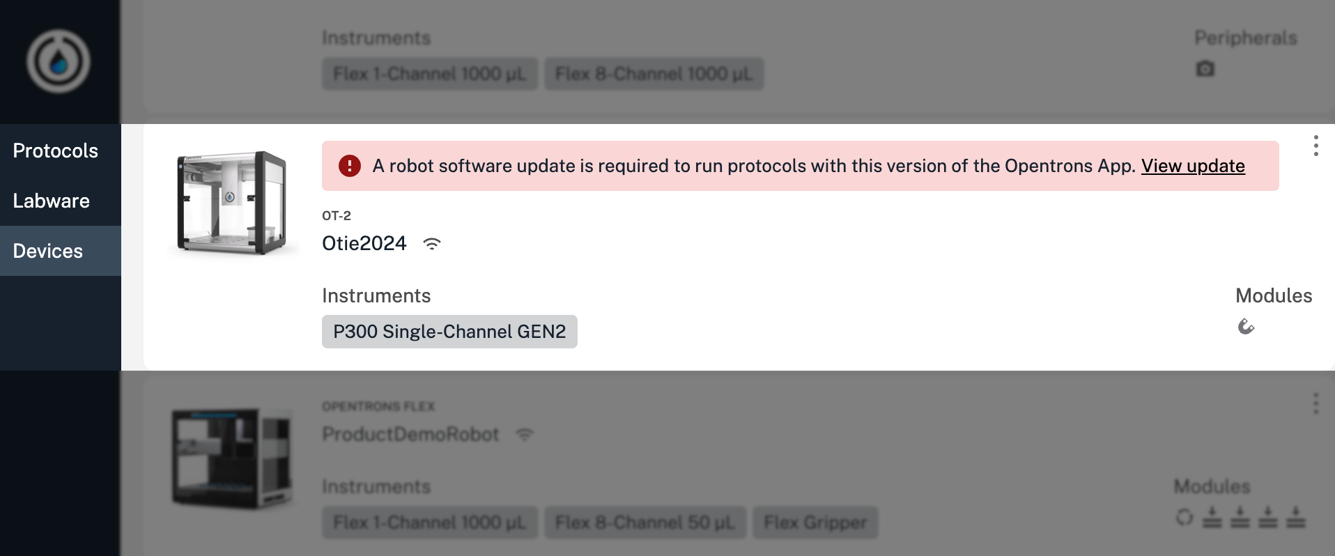 Opentrons App showing an OT-2 with an update warning banner