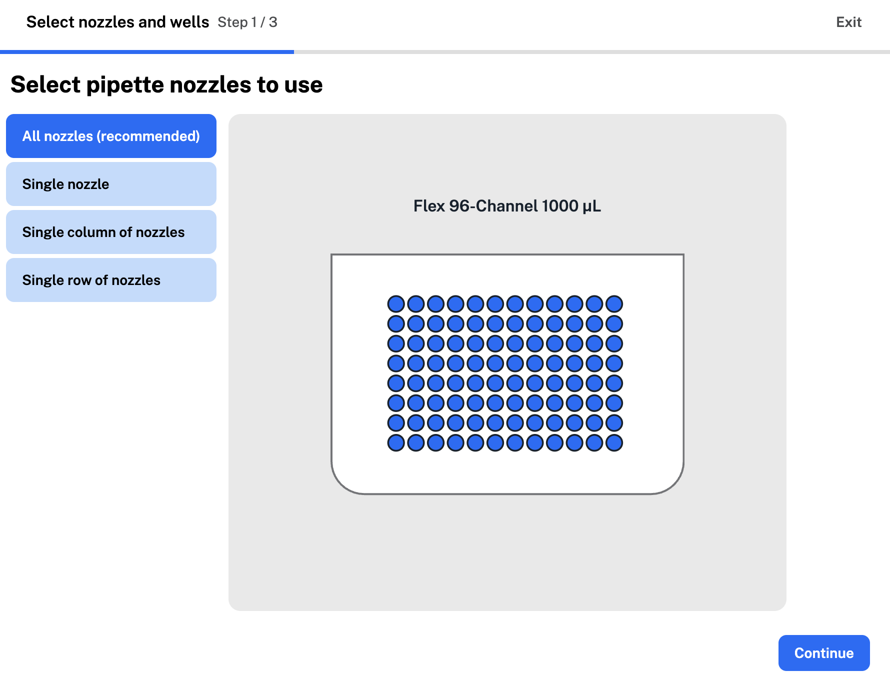 Select pipette nozzles to use in a transfer.