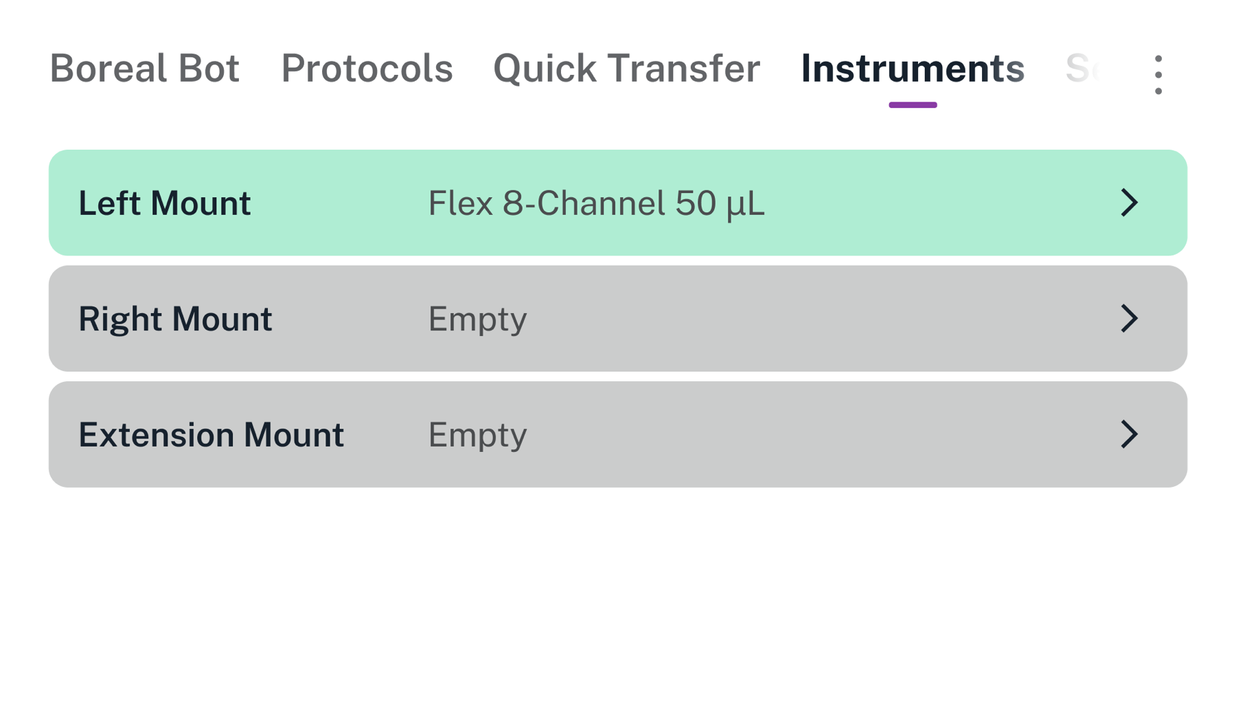 Instruments screen showing a Flex 8-Channel 50 µL pipette on the left mount. The right mount and extension mount are empty.
