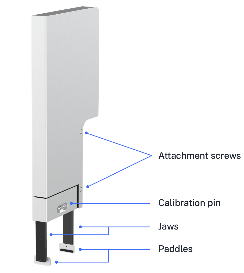 The gripper has attachment screws on its right side. Also on the right side is the storage area for the calibration pin. At the bottom of the gripper are its jaws, each of which has a paddle at its end.
