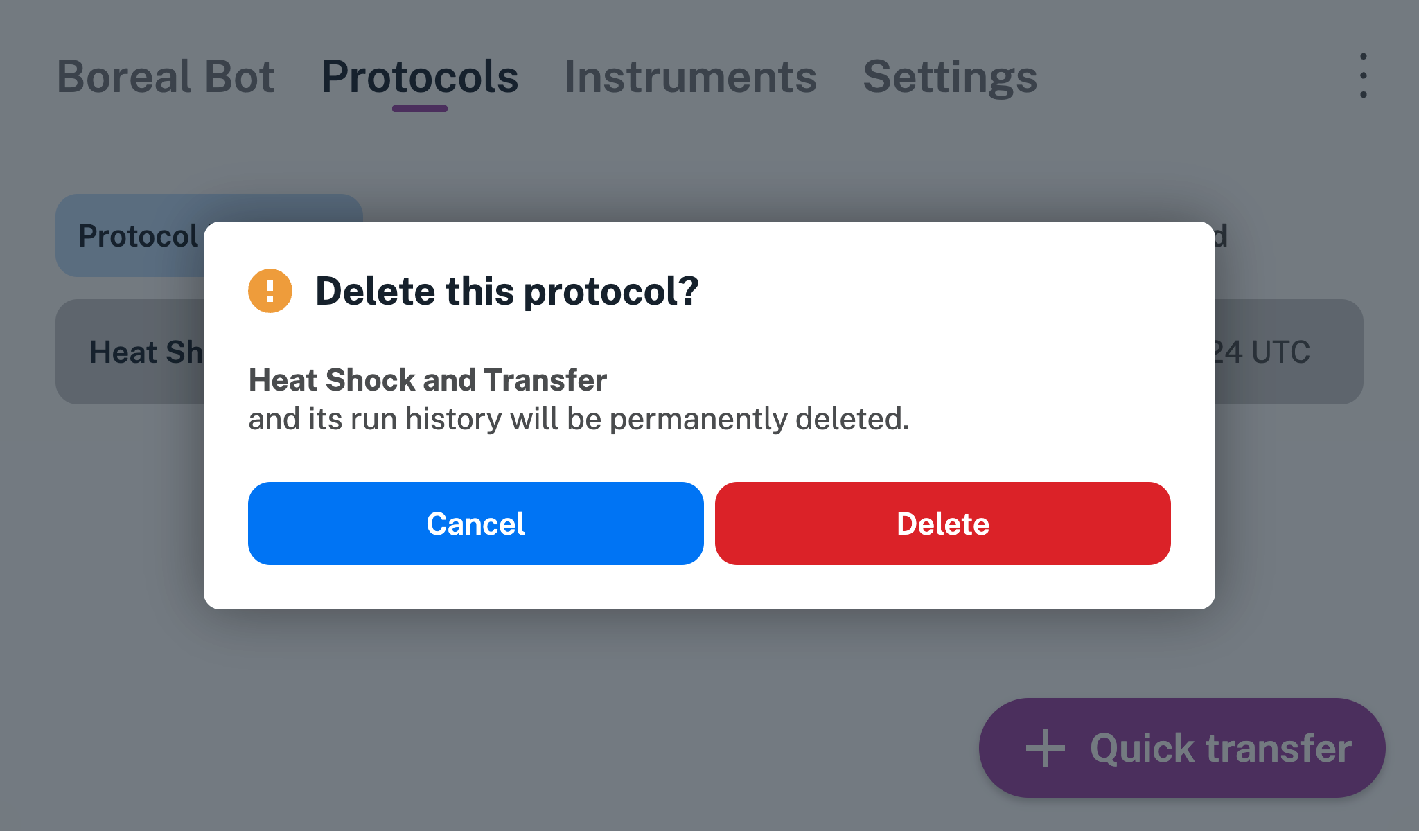 Modal confirming whether to delete a protocol.