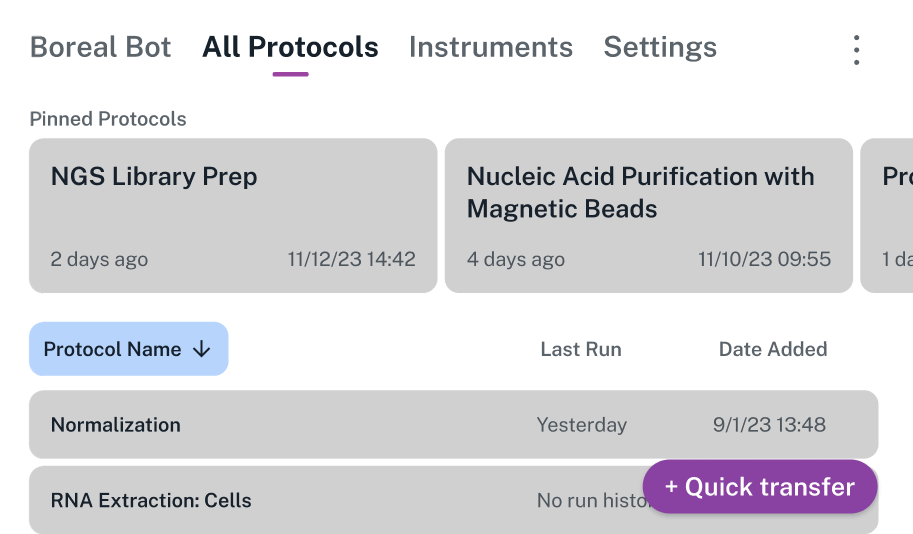 The All Protocols screen, showing pinned protocols at the top and other protocols at the bottom.
