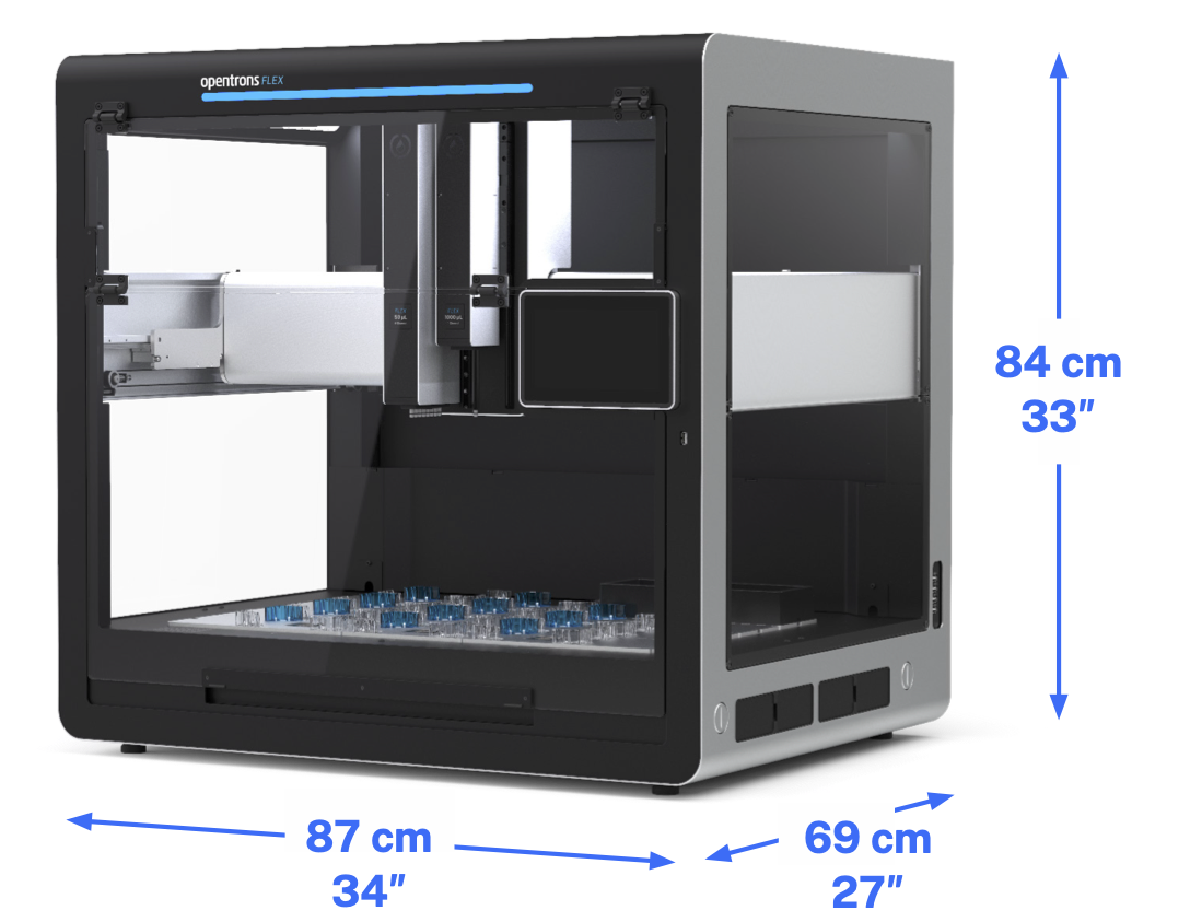 Opentrons Flex base dimensions Opentrons Flex with arrows labeling width, height, and depth