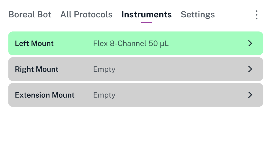 Instruments list Instruments screen showing a Flex 8-Channel 50 µL pipette on the left mount. The right mount and extension mount are empty.