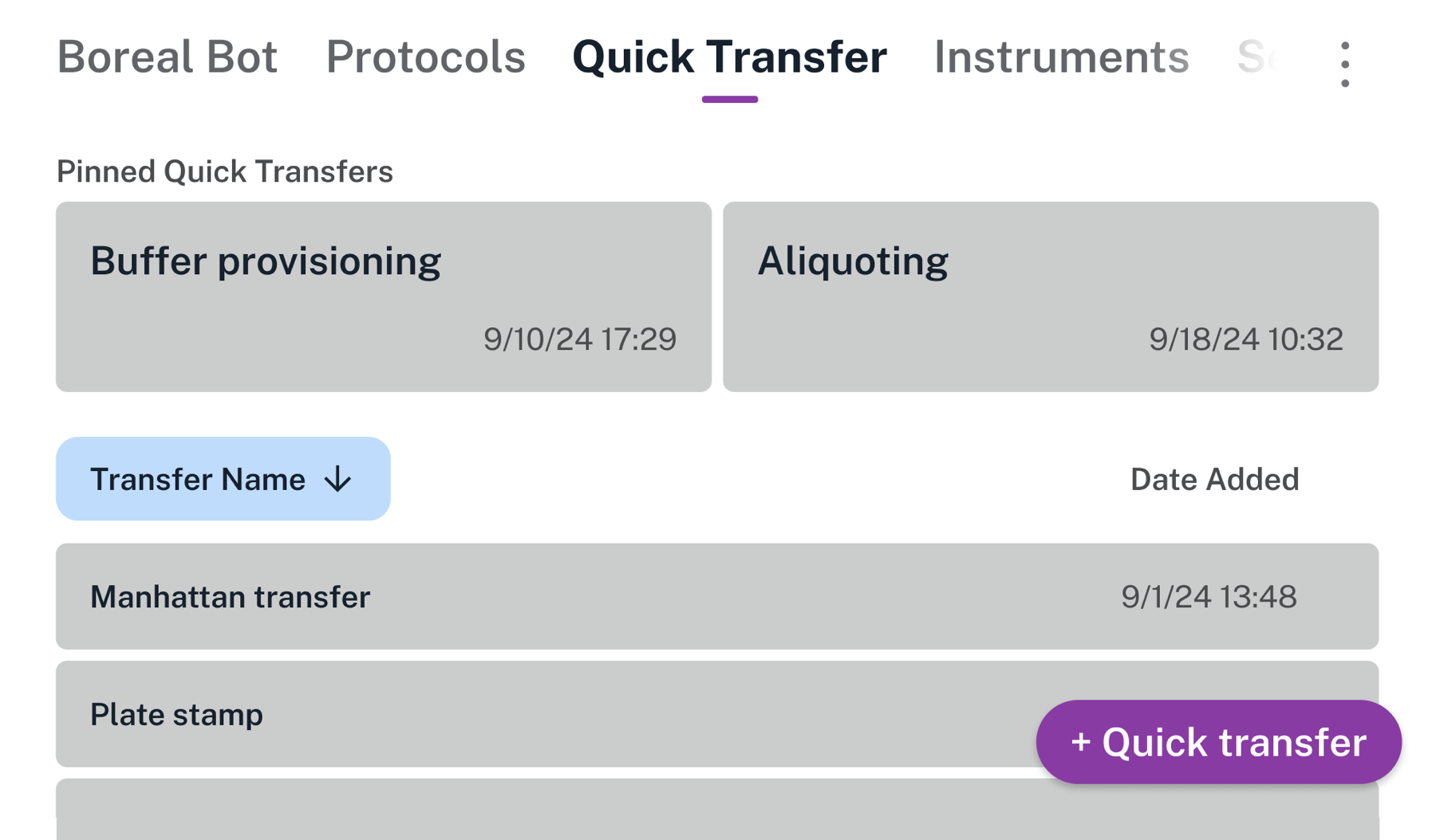 Quick transfer screen with two pinned quick transfers at the top and a longer list of quick transfers at the bottom.