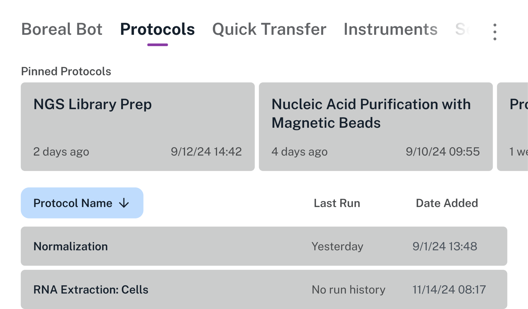 The All Protocols screen, showing pinned protocols at the top and other protocols at the bottom.