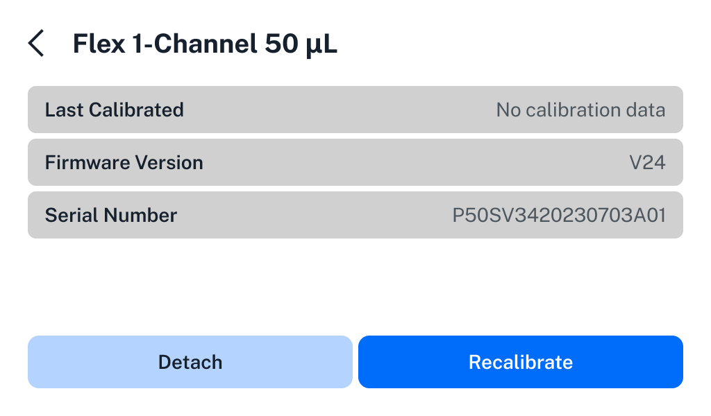 Details for a Flex 8-Channel 50 µL, including calibration, firmware, and serial number.