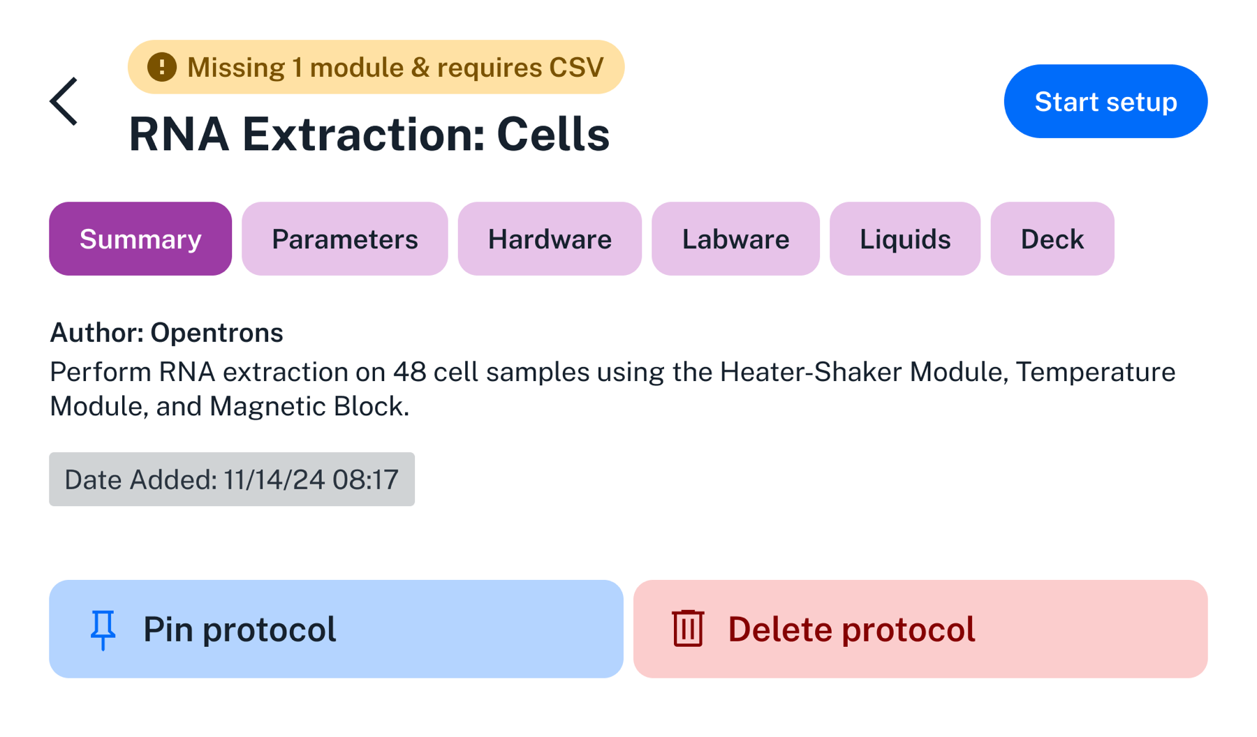 Summary of an RNA extraction protocol showing author, description, date, and action buttons.